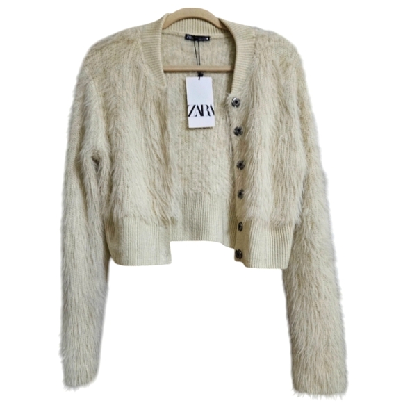 ZARA Faux fur cream cardigan. Size Medium NWT - Picture 5 of 16